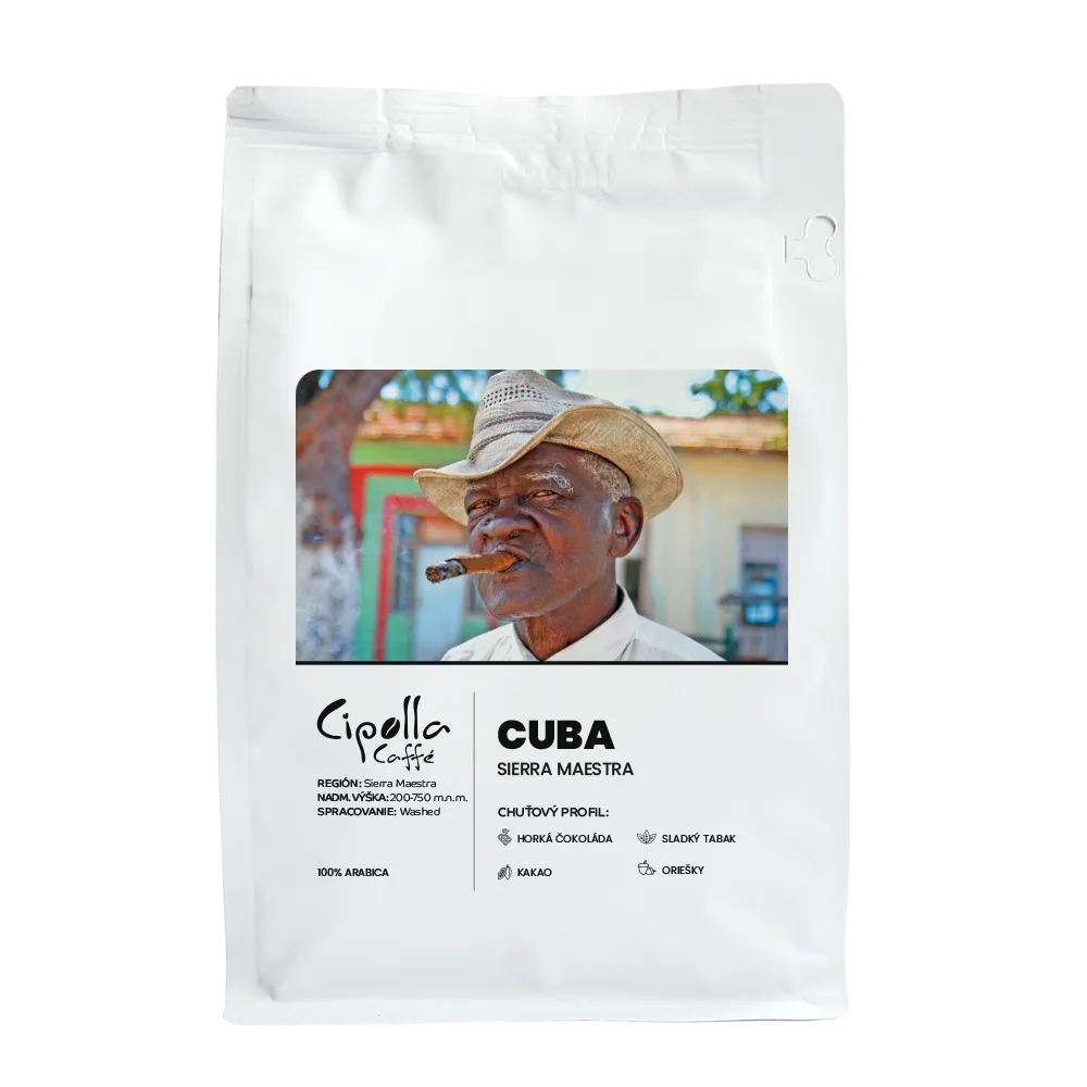 Cuba Sierra Maestra Plná káva s tónmi orieškov, sladkého tabaku, horkej čokolády a kakaa.
